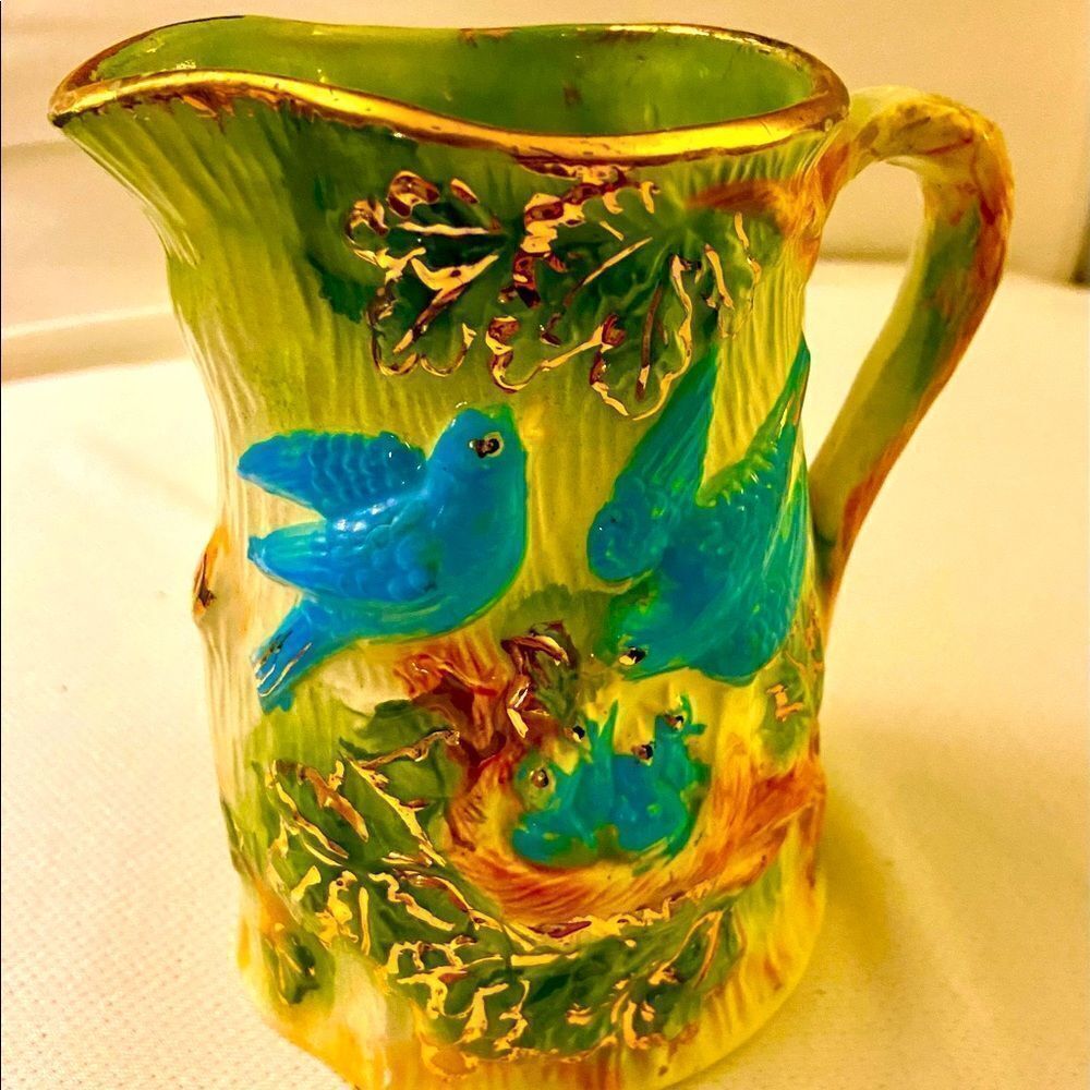 VTG Handmade Ceramic Blue Birds Nest Pitcher
